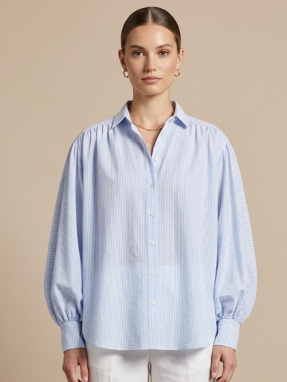 Wendy Glez Seersucker Stripe Button Size ‎ 2/M Oversized Puff Sleeve